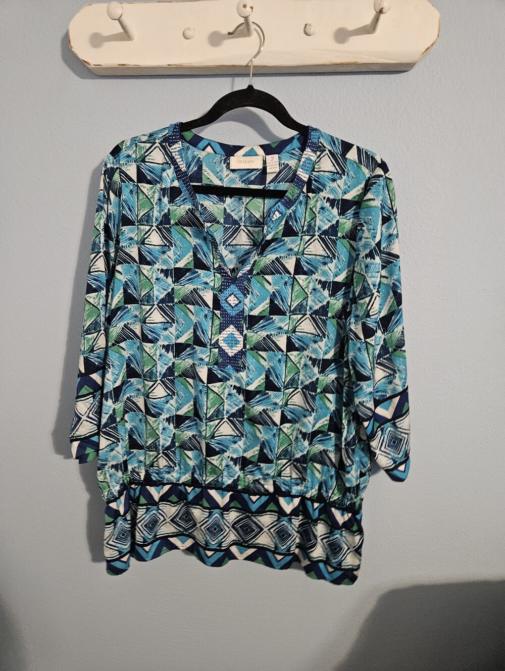 Chico's Blue & Green Geometric V-Neck Tunic